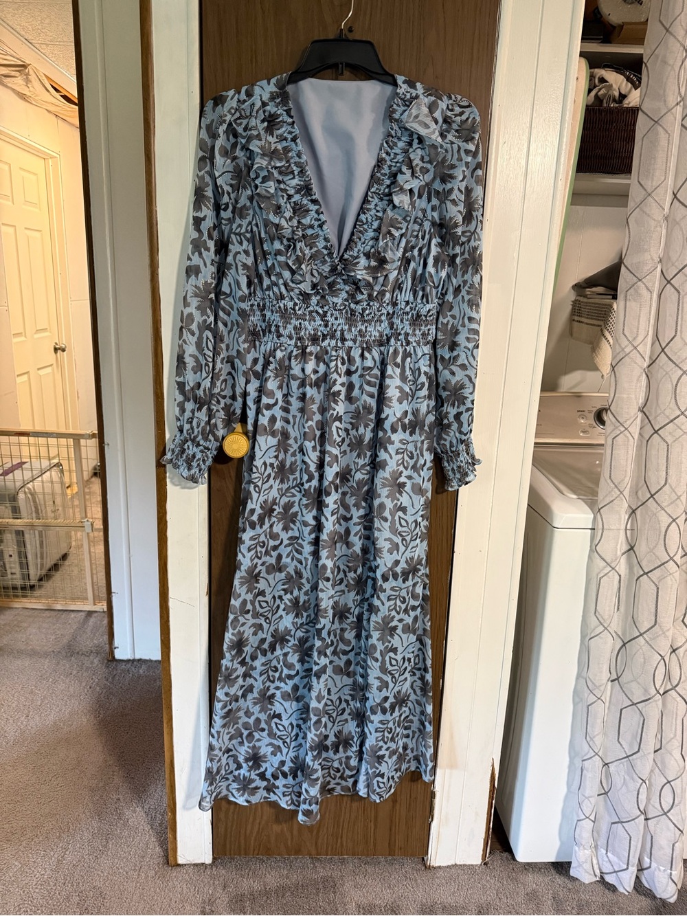 Smocked Waist Light Blue Floral Long Sleeve Midi Dress